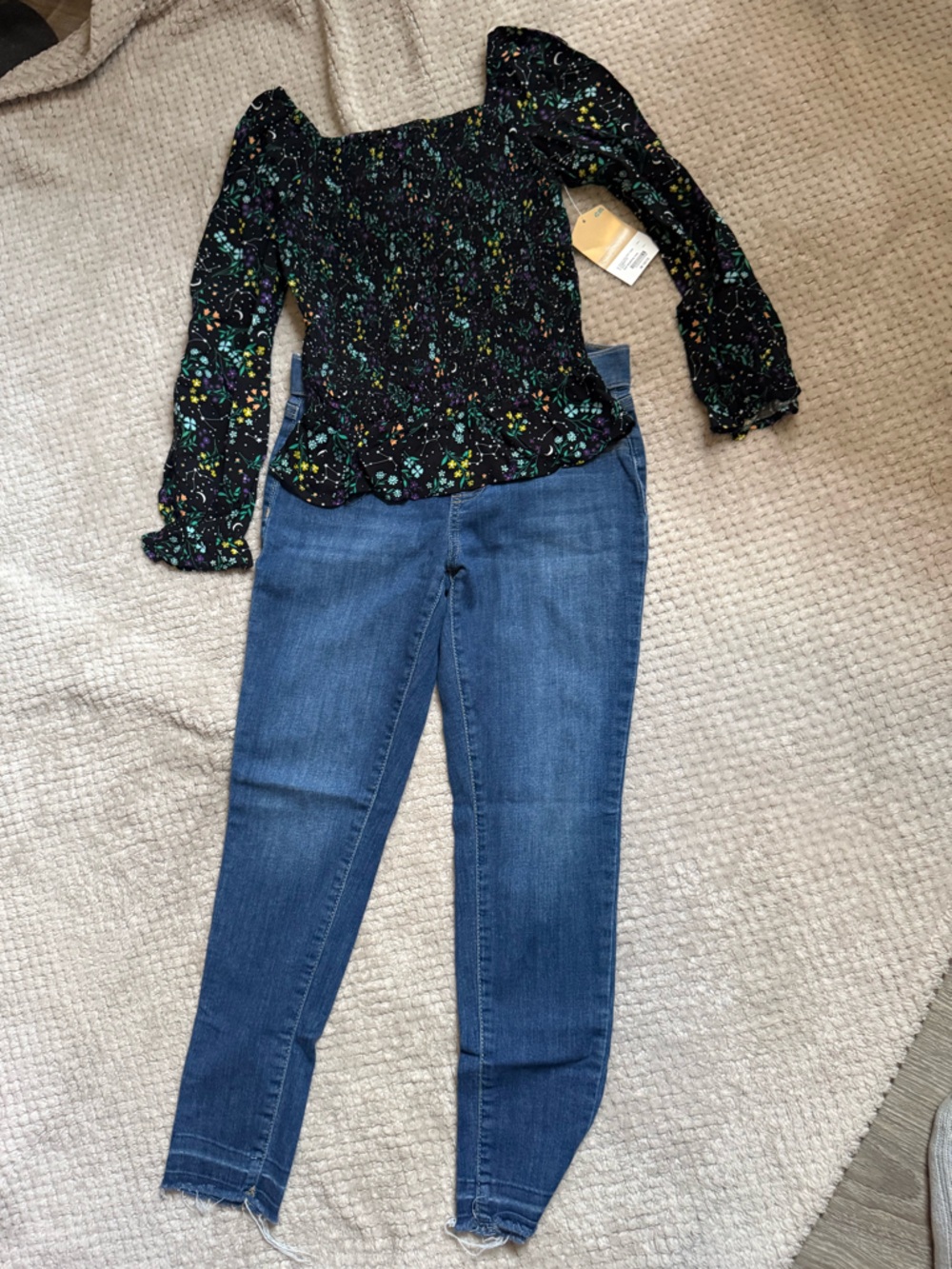 Smocked Off-Shoulder Floral Blouse in Black Multi and jeans set